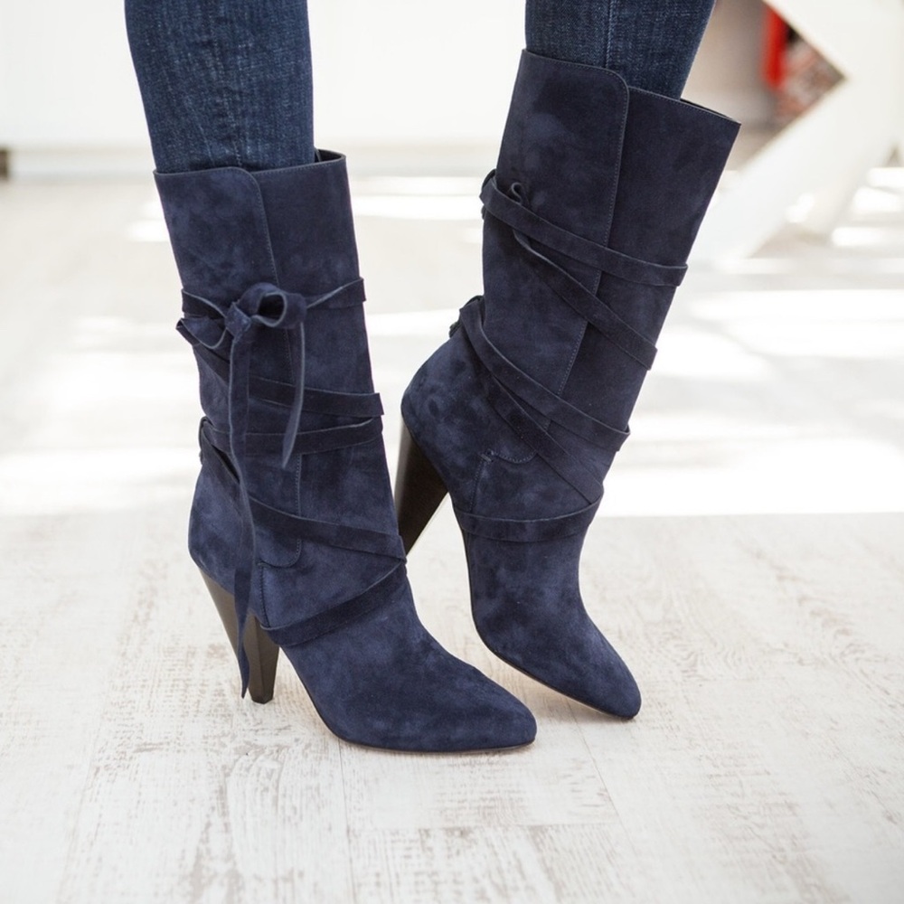 Veronica Beard Hall Boots Navy Suede Sz 36.5